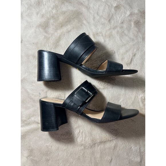 Lauren Ralph Lauren Black Leather Strappy Block Heel Sandals With Silver Buckle - Picture 3 of 12